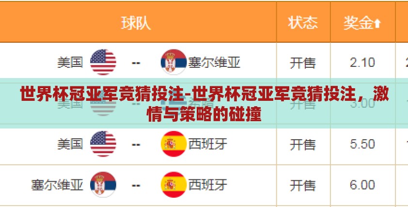 世界杯冠亚军竞猜投注-世界杯冠亚军竞猜投注，激情与策略的碰撞