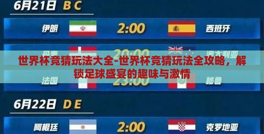 世界杯竞猜玩法大全-世界杯竞猜玩法全攻略,解锁足球盛宴的趣味与激情 世界杯竞猜玩法大全-世界杯竞猜玩法全攻略,解锁足球盛宴的趣味与激情